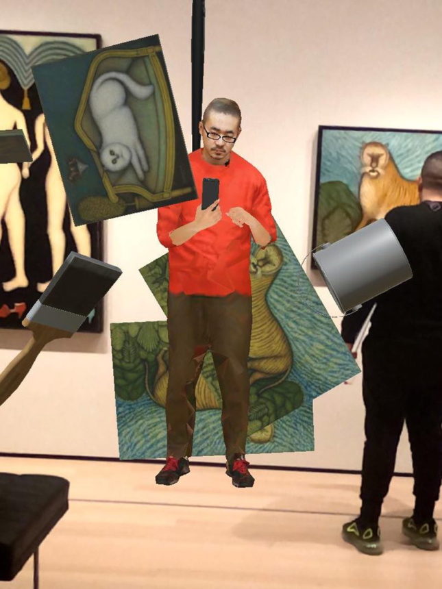 A 3D render of a person standing in front of paintings taking selfies. The paintings are also floating off the wall.