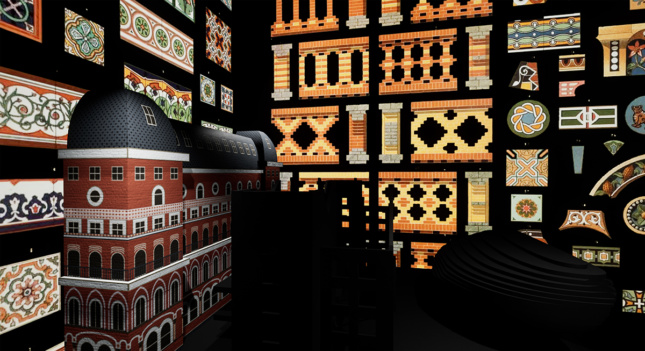 A 3D model of a a building with various facade and interior details flat agains black "walls."