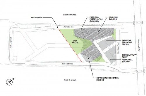 Site plan for phase one of the Cornell Technion campus on Roosevelt Island. (Courtesy Morphosis)