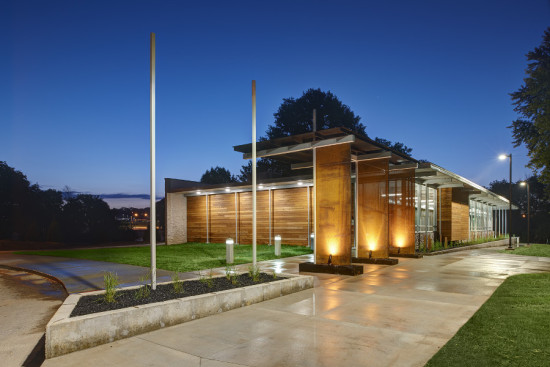 Giovanettii Community Shelter's glass and cedar facade belies its function as a FEMA safe room. (Cameron Campbell, Integrated Studio)