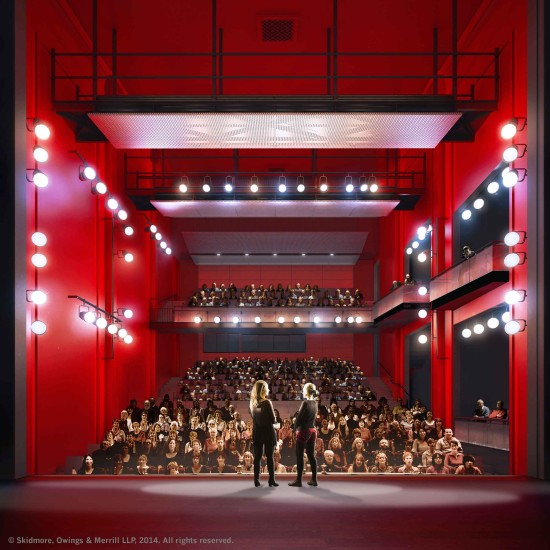 Inside the bright red auditorium (Skidmore Owings and Merrill) 