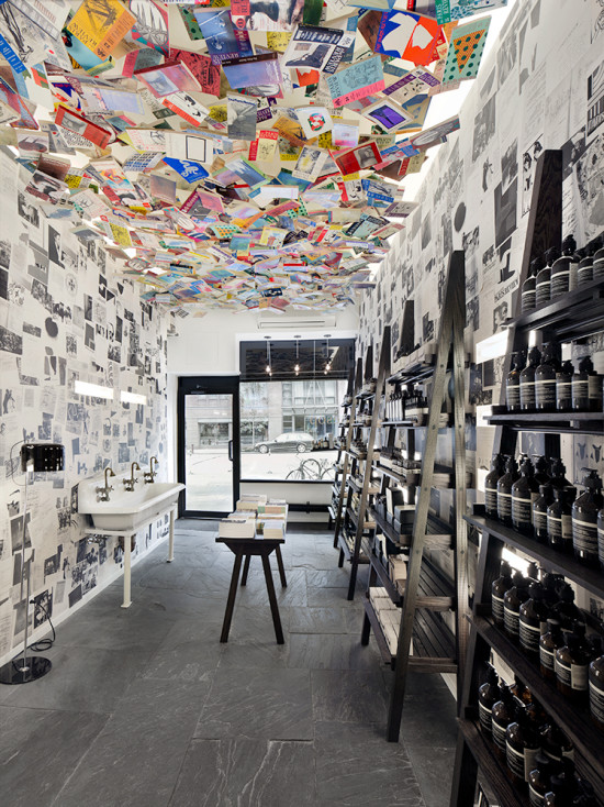 Aesop Chelsea was created in collaboration with The Paris Review with a ceiling installation of around 1,000 original editions of The Paris Review hung on threads. 