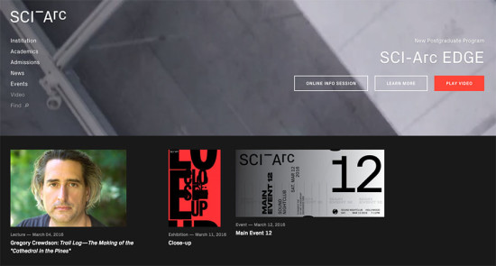 Screen grab of SCI-Arc's new website.