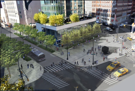 The new plaza where the Astor Pl. road used to run between Lafayette St. and Cooper Sq. (Courtesy WXY Studio)