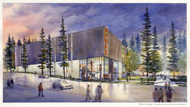 Entry view of the New Burke Museum. (Illustration by Olson Kundig/Stephanie Bower Architectural Illustration.)