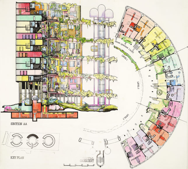 Archigrams Peter Cooks vibrant section and plan drawing (Courtesy RIBA Collections) 