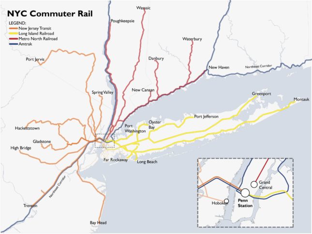 The current rail network (Courtesy ReThinkNYC)