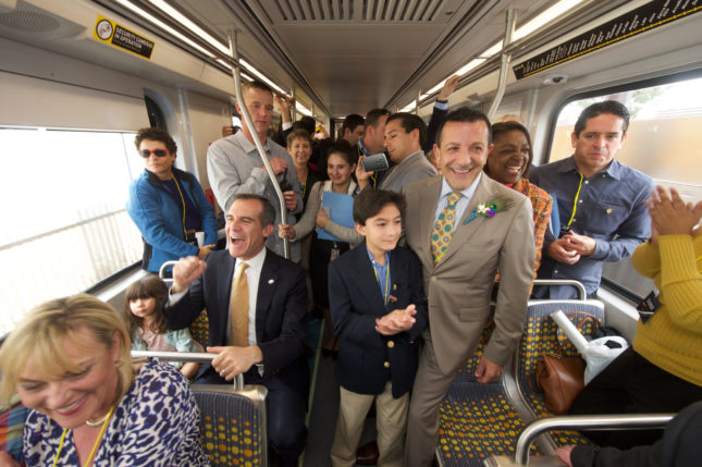 San Gabriel Valley residents riding the new Gold Line Foothill Extension on opening day with LA Mayor Eric Garcetti (Foothill Gold Line Construction Authority)