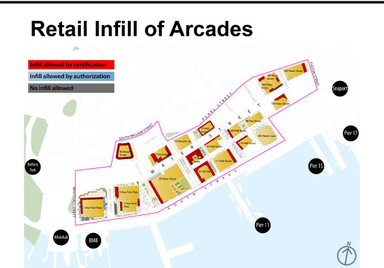 A map of the public spaces under threat in lower Manhattan.