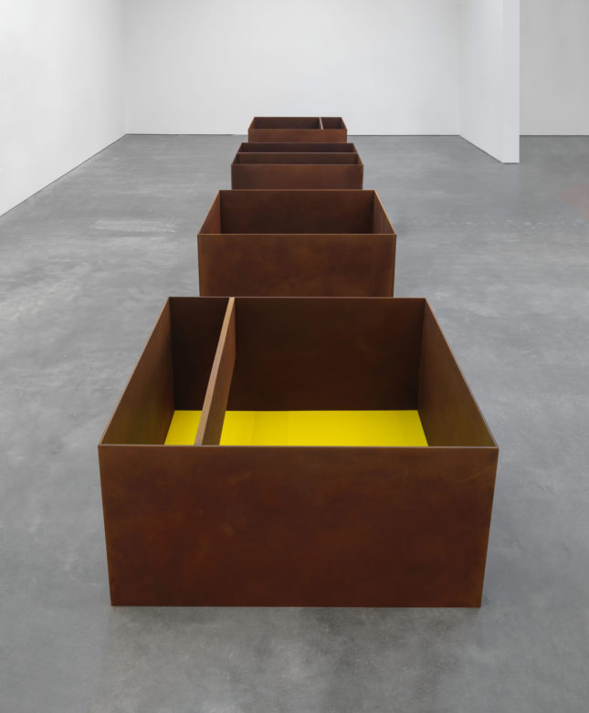 Installation view, Donald Judd, David Zwirner, New York, 2015. Art © Judd Foundation. Licensed by VAGA, New York, NY.