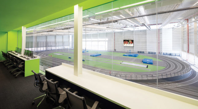 The Sage and Coombe–designed Ocean Breeze Indoor Athletic Facility features a 200-meter hydraulically banked track that converts to a flat track for practices. (Courtesy V+B; NYC Parks)
