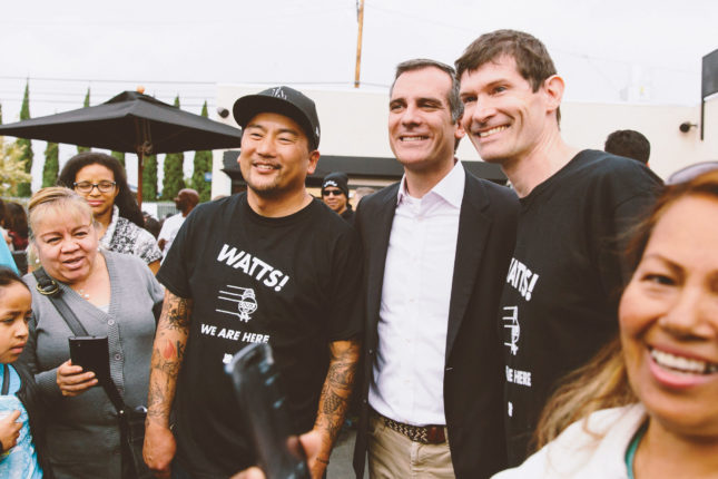 Mayor Eric Garcetti with Roy Choi and Daniel Patterson during the grand opening of LocoL. (Audrey Ma)