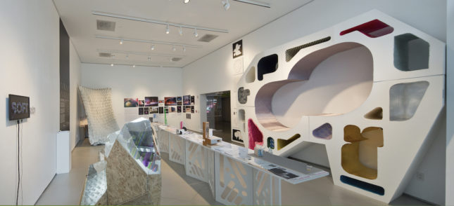 Architectural League Prize Exhibition: No Precedent. From left form-ula; Kiel Moe (front center); NAMELESS; Future Cities Lab; Catie Newell. Location: Parsons New York. (Courtesy David Sundberg / ESTO)