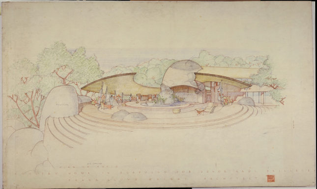 Raul Bailleres House (Acapulco, Mexico). Unbuilt Project. 1952. Brown ink, pencil and color pencil on tracing paper. 31 3/4 x 52 7/8″ (80.6 x 134.3 cm). The Frank Lloyd Wright Foundation Archives. (Courtesy The Museum of Modern Art | Avery Architectural & Fine Arts Library, Columbia University, New York)