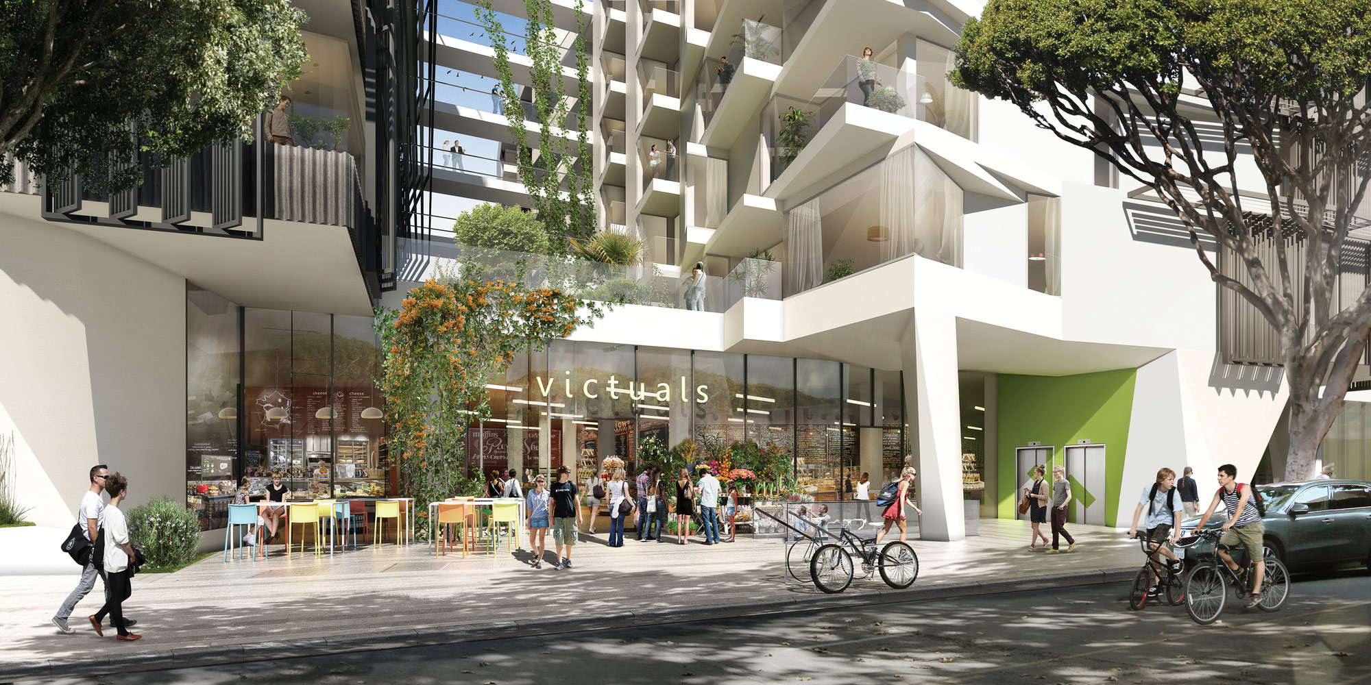 The market-rate development features a deeply-recessed shopping street with outdoor seating that is flanked by a colonnade, creating a shaded and cool pedestrian area near the Expo Line terminus. (Courtesy Koning Eizenberg Architects)
