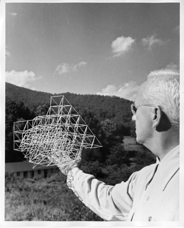 Masato Nakagawa, Buckminster Fuller with Model. Black Mountain College, summer 1949. (Courtesy of the State Archives of North Carolina.)