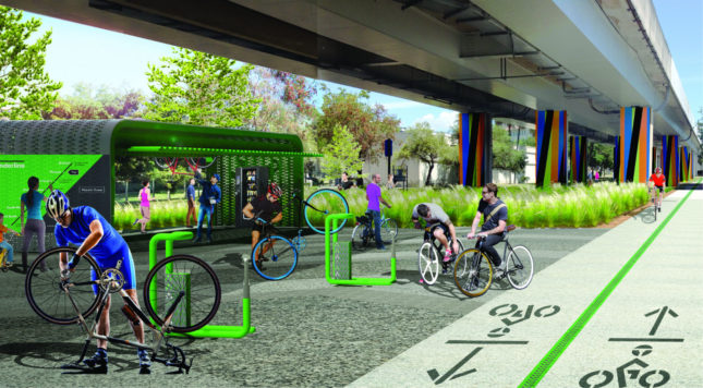 Cyclists and runners will be able to stop, tune-up, and exchange routes at the midpoint of the Underline, near the Douglas Road Metrorail station. (Courtesy James Corner Field Operations / Friends of the Underline)