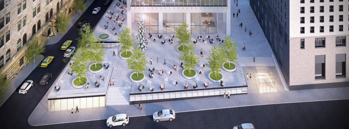 A March 2015 rendering of plaza at Nassau and Liberty Streets shows a capped entrance to below-plaza retail, left, as well as a glass pavilion at Cedar Street, right. (Courtesy SOM)