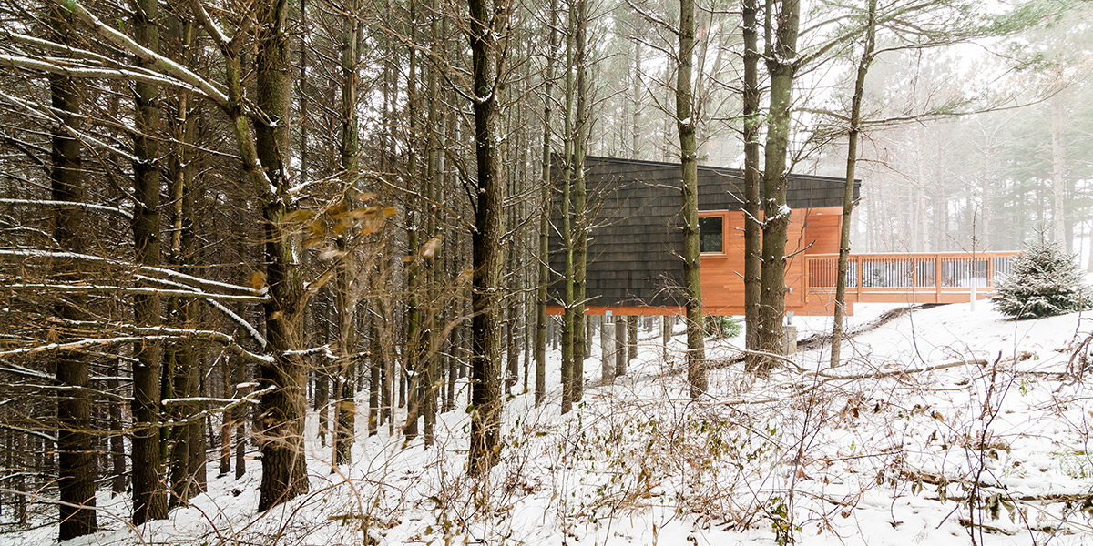 The Whitetail Woods Camper Cabins float above the forest floor off of the side of a hill in order to have as little impact as possible on their surroundings. (Photo: Peter VonDeLinde Visuals)