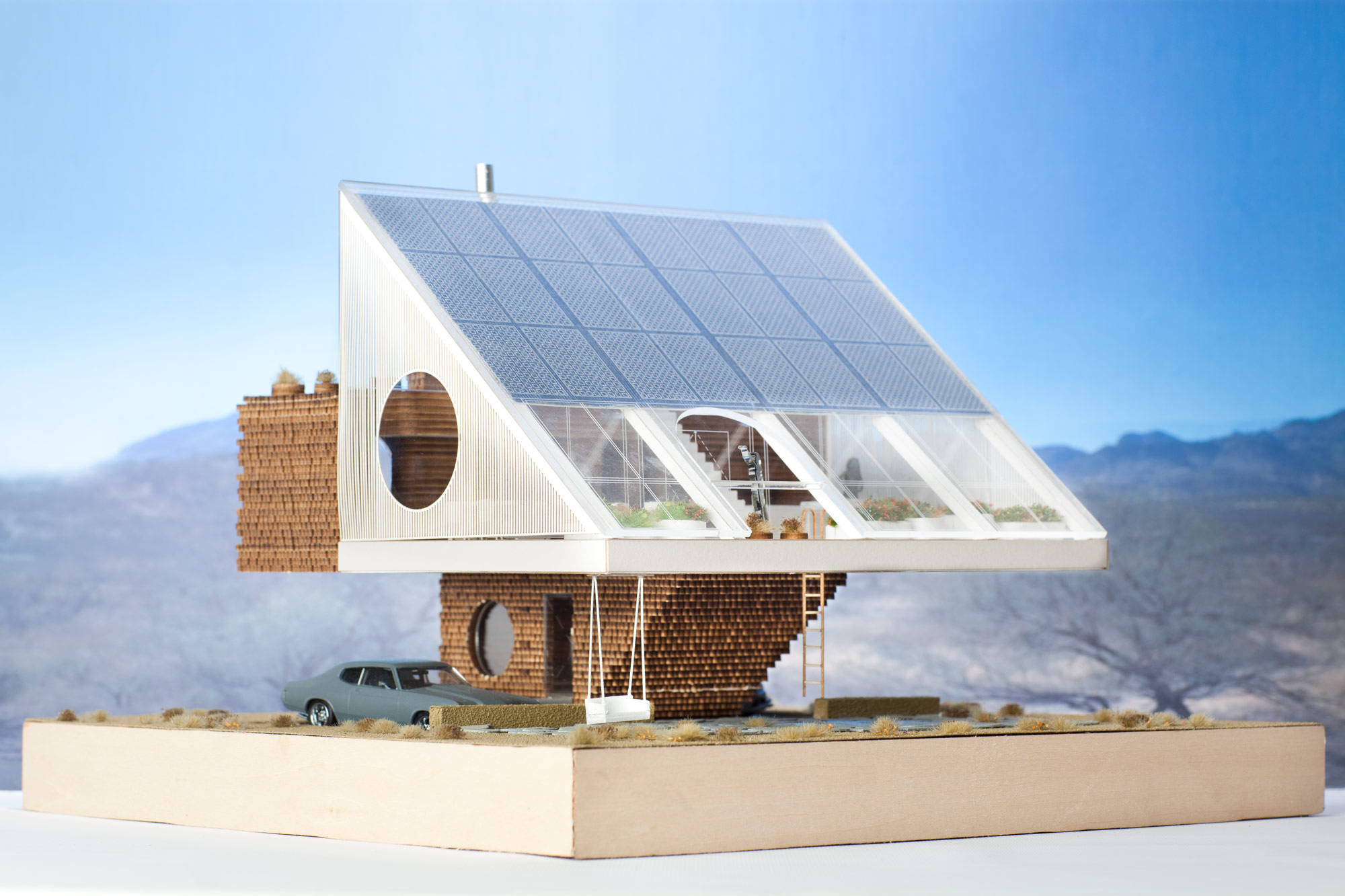 Once built, the Arizona House in Tubac, Arizona, by WORKac will flaunt its sustainable features: The form is generated diagrammatically by lifting the house for ventilation, creating a sun-oriented angled massing for photovoltaic power collection and solar heat gain, and visually exaggerating a large thermal mass. (Courtesy WORKac)