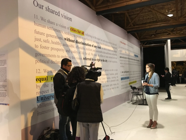 TV crew reporting on Habitat III from the One UN Pavilion. (Dele Adeyemo/AN)