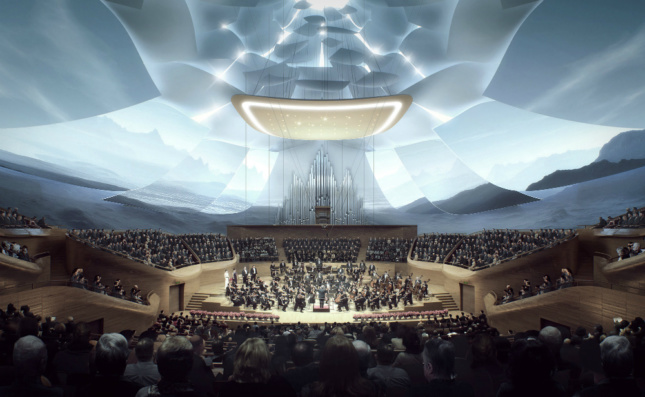 View from concert hall MAD Architects’ China Philharmonic Hall for China Philharmonic Orchestra. (Courtesy MAD Architects) 