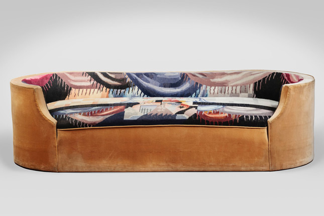 Corbeille sofa, 1923, designed by Pierre Chareau, with upholstery by Jean Lurçat, velours and tapestry. (Courtesy Jewish Museum)