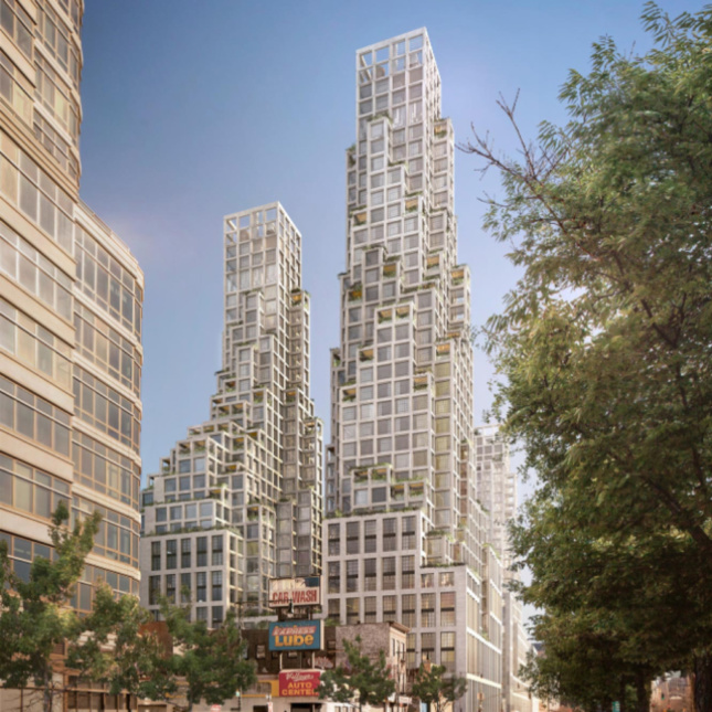 Renders for the planned St. John's Center near Pier 40 and Hudson River Park. The tallest of its towers—at 420 feet—is three times the height of the surrounding built texture and certain to have a deeply deleterious and distorting impact on the neighborhood that it and its companions will overwhelm.(Courtesy COOKFOX)