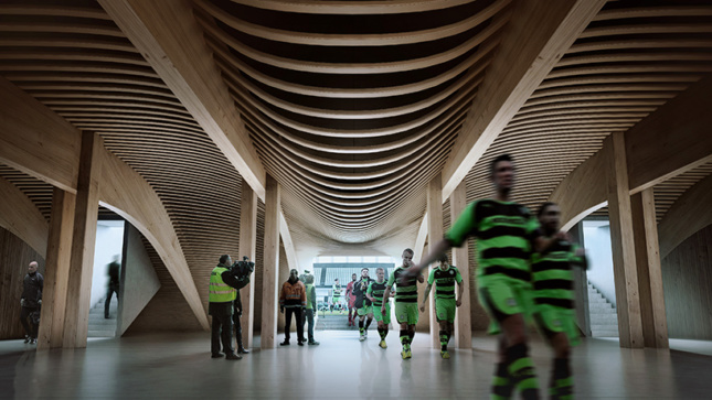 Interior render of the player's tunnel. (Courtesy ZHA)