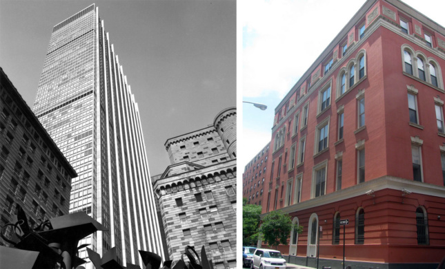 SOM-designed 28 Liberty, left, and Rivington House, right, are two sites embroiled in recent controversy over how the city regulates changes to deed restrictions. Changes to 28 Liberty's landmarked modernist plaza will be affected by new rules on deed restriction changes passed today. (Left Image: Ezra Stoller / Esto / Courtesy SOM; Right Image: Eden, Janine and Jim / Flickr; diptych by AN)
