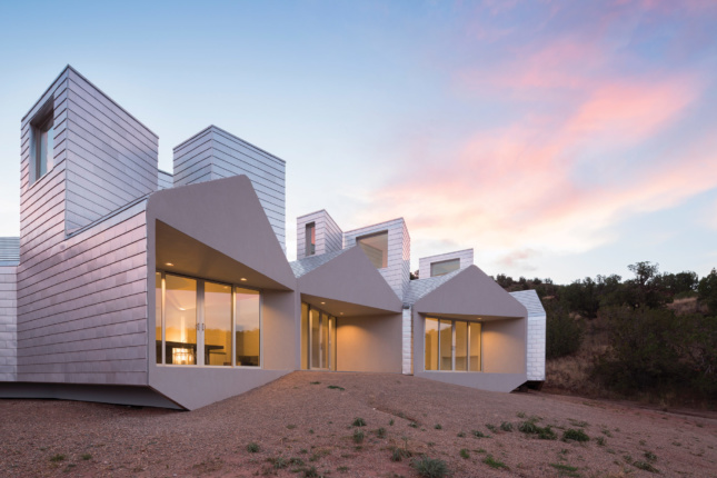 In the Element House at Star Axis in Anton Chico, New Mexico, by MOS Architects, an arrangement of solar chimneys becomes a system of shapes that drives and organizes the form of the entire house. (Courtesy Florian Holzherr/Courtesy MOS)