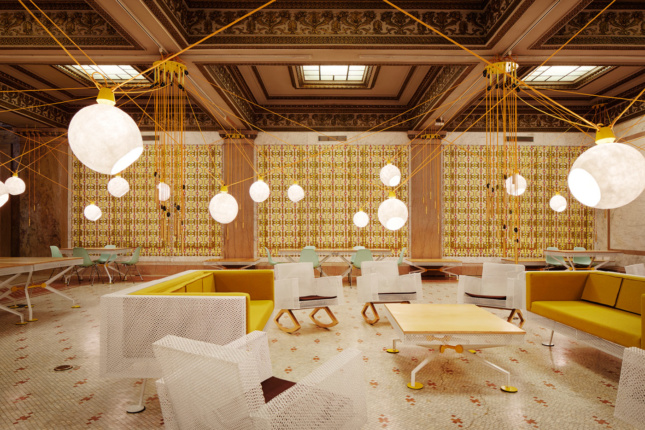 Designers Ana Paula Ruiz Galindo and Mecky Reuss populated the waiting room in the Chicago Cultural Center with their designs for the 2015 Chicago Architecture Biennial. (Courtesy Steve Hall and Hedrich Blessing/Chicago Architecture Biennial/Pedro & Juana)