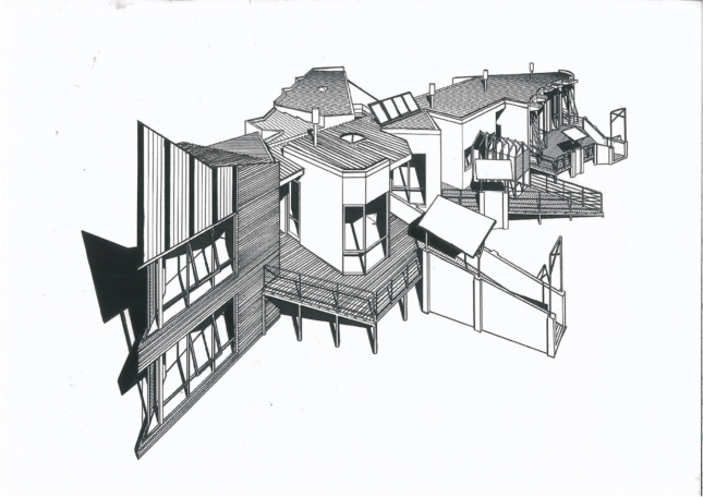 Rear Perspective Drawing of the Athan House, Monbulk, Victoria, Australia 1986-1988. (Courtesy Raph.freedman/Wikimedia Commons)