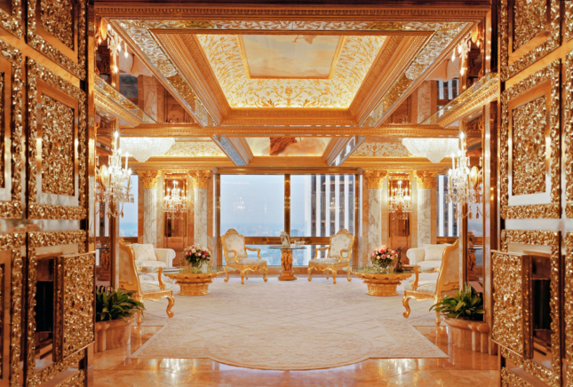 Trump’s triplex is a marble-and-onyx-covered ode to Versailles that he calls “comfortable modernism.” It is a $100 million penthouse that sits atop the Trump Tower on Manhattan’s 5th Avenue. (Scott Frances/Otto)