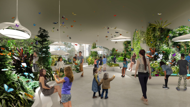 A rendering of the year-round Butterfly Vivarium on the second floor of the Gilder Center, which will feature a variety of opportunities to encounter live butterflies and observe their behaviors in various “environments,” including a meadow and a pond. Courtesy of Ralph Appelbaum Associates