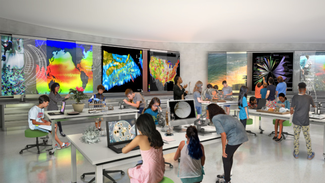 A rendering of one of the next-generation classrooms in the Middle School Zone of the Gilder Center, serving grades 5 through 8. The Museum will also work with the NYC Department of Education to invite schools without laboratory facilities to attend “research field trips,” expanding students’ access to scientific equipment as well as to collections and exhibition halls. Courtesy of Ralph Appelbaum Associates
