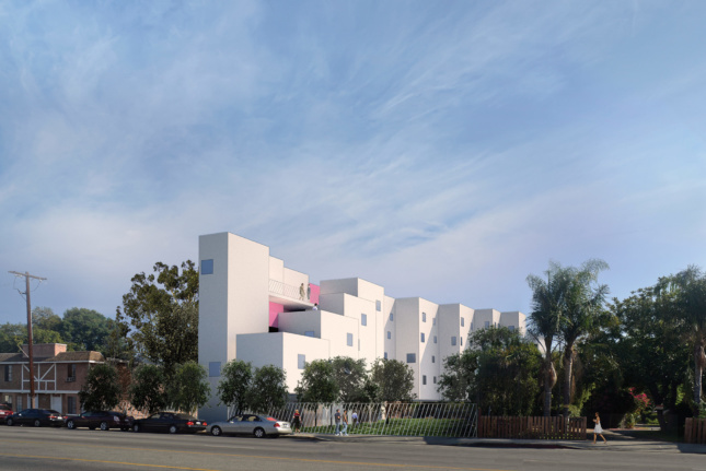 Michael Maltzan Architects’ Crest Apartments, located in the traditionally suburban San Fernando Valley, features a stepped-back facade and a plan that tucks a multiuse parking and recreation area underneath the structure. (Courtesy Michael Maltzan Architects / Skid Row Housing Trust)