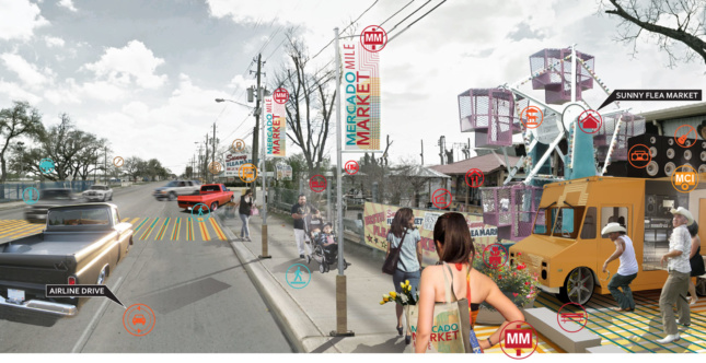 New plans for Market Mile north of Houston, Texas, include revamping the existing flea market with food trucks, street furniture, and increased pedestrian access. (Courtesy SWA)
