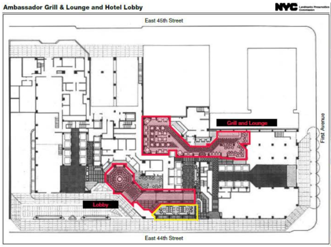 Plan of Ambassador Grill & Lounge and Hotel Lobby. The lobby seating area is outlined in yellow. (Courtesy LPC / Image via Theodore Grunewald)