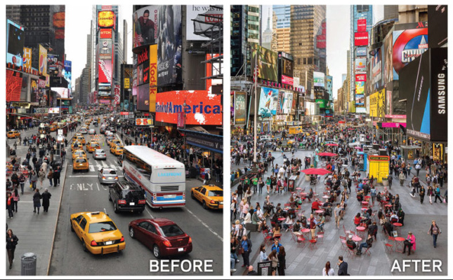 Times Square before and after, December 2016. (Courtesy DOT)