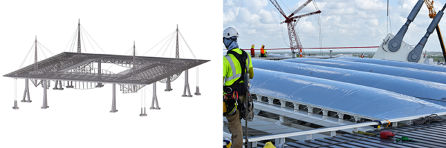 Right: Revit model of the canopy at Hard Rock Stadium; left: detail of ETFE panels during installation (Thornton Tomasetti).
