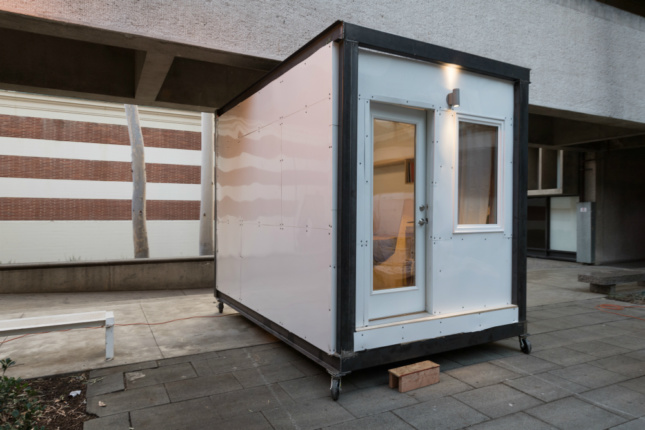 View of a housing prototype designed and fabricated by MADWORKSHOP's Homeless Studio taught at USC during the Fall 2016 semester. (Courtesy Brandon Friend-Solis)