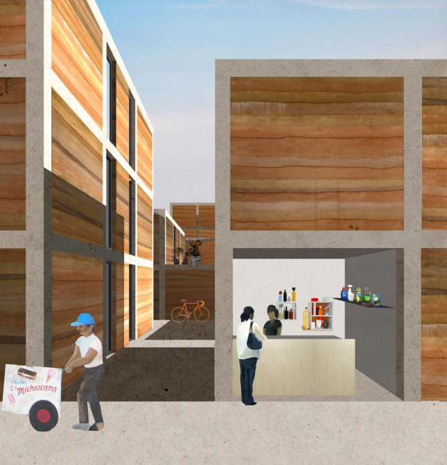 A rendering for social housing project, Vivienda Unfamiliar Regional INFONAVIT, Saltillo, Coahuila. (Courtesy Frida Escobedo)