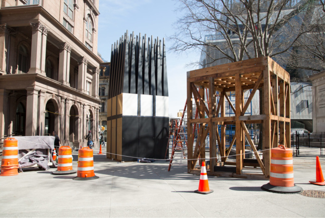 The Jan Palach Memorial, going up outside the Cooper Union. (Courtesy the Cooper Union)