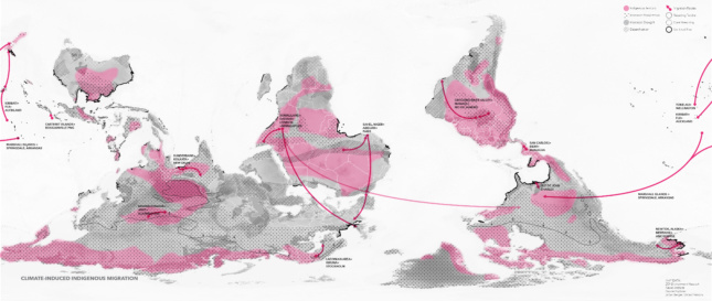 A map of climate-induced migration patterns among indigenous populations, from Elizabeth Yarina’s “New Climate Nomads: Indigenous Spaces of Migratory Adaptation.” (Image: Elizabeth Yarina)