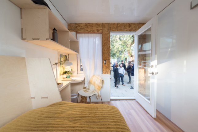 The 92-square-foot prototype features a bed, writing area, and built-in furniture. (Courtesy Brandon Friend-Solis)