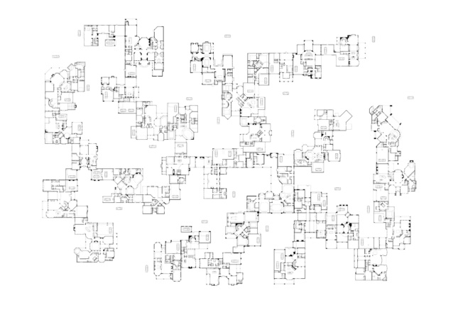 Alison’s Acres, Study for a mat subdivision—composed exclusively with houses sampled from the plan catalogs of some of America’s largest commercial homebuilders—in which the hidden and generally unacknowledged interdependencies that bind American houses together are manifest in the overall arrangement. From Atlas of Another America, Park Books, 2016. (Courtesy Keith Krumwiede)