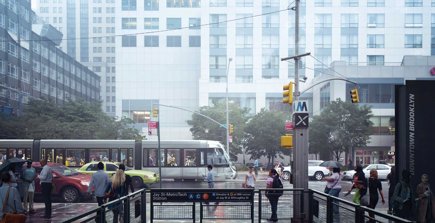 Rendering of the BQX rolling past Jay St. MetroTech in Downtown Brooklyn