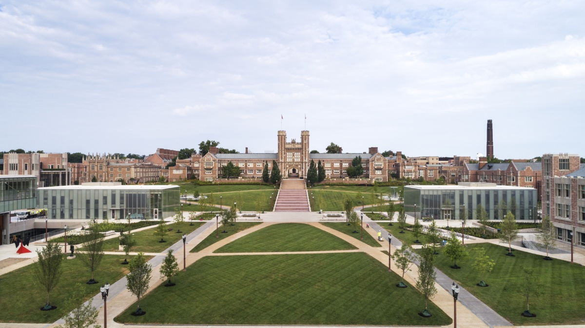 Aerial view of landscaped campus