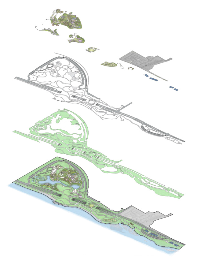 Exploded axonometric drawing of a park, the Gathering Place